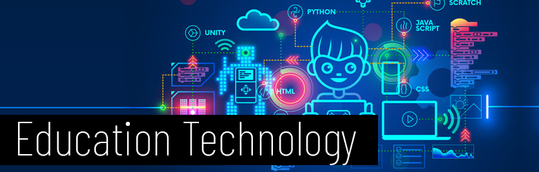 Blue-colored digital graphics. of a cloud, robots, computer, code and a young boy playing a video game.